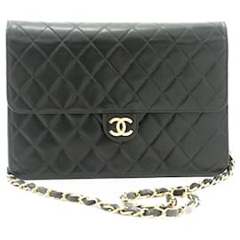 Chanel-CHANEL Bolso de hombro con cadena Cartera Cartera acolchada negra con solapa de cordero-Negro