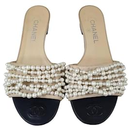 Chanel-Chanel Beige CC Logo Pearl Mule Sandals Flip Flops-Beige