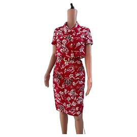 CHANEL Clover Button Flower Seidenkleid Rot