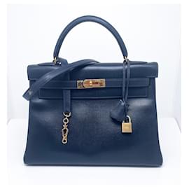 Hermès-Hermes Kelly bag 32 midnight blue Courchevel leather-Blue,Dark blue