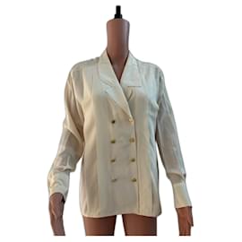Chanel-CHANEL lined button clover ivory silk shirt-Cream