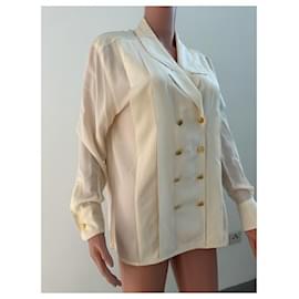 Chanel-CHANEL lined button clover ivory silk shirt-Cream