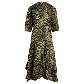 Ganni-Vestido cruzado con estampado de leopardo de Ganni en algodón amarillo-Otro,Impresión de pitón