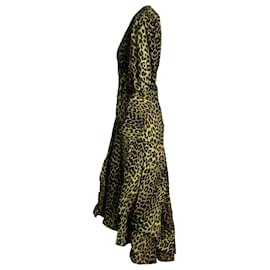 Ganni-Ganni Robe portefeuille à imprimé léopard en coton jaune-Autre