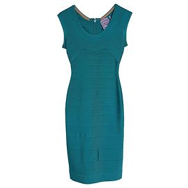 Herve Leger Vestido Bandagem Decote Redondo em Rayon Teal Outro Verde