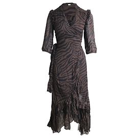 Ba&Sh Zebra Print Asymmetric Wrap Dress in Brown Viscose Brown