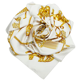 Hermès-Hermes White Les Cavaliers d'Or Silk Scarf-White