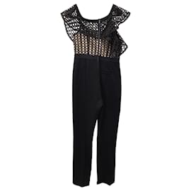 Self portrait-Self-Portrait Ruffled Asymmetric Sleeve Jumpsuit in Black Polyester-Black