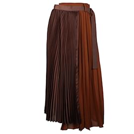 Sacai-Sacai Wrap Style Pleated Midi Skirt in Brown Wool-Brown