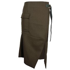 Sacai Asymmetric Side Slit Skirt in Khaki Wool  Green Khaki