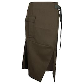 Sacai-Sacai Asymmetric Side Slit Skirt in Khaki Wool -Green,Khaki