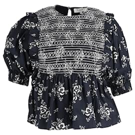 Sea New York-Sea New York Alessia Print Smocked Floral Print Top in Black Cotton-Other
