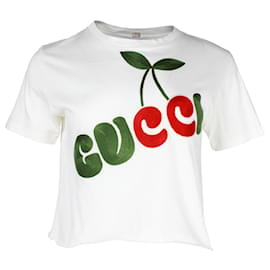 Gucci-Camiseta corta de algodón blanco con logo de cereza bordado de Gucci-Blanco,Crudo