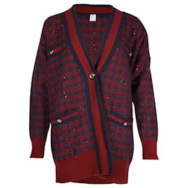 Sandro-Sandro Paris Cardigan Oversize Margot Check Sequin en Coton Mélangé Bordeaux et Marine-Marron,Rouge