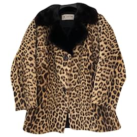 Autre Marque-Cappotto in vera pelliccia di leopardo e collo in visone nero-Stampa leopardo