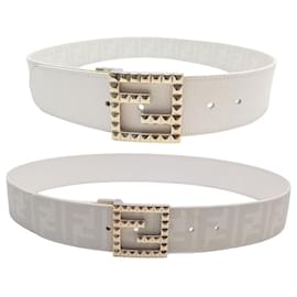 Fendi-FENDI BELT IN F MONOGRAM CANVAS GOLD FF BUCKLE T 95 ECRU CANVAS BELT-Cream