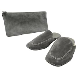 Hermès-HERMES JOURNEY SHOES 42 GRAY SUEDE SLIPPERS + SLIPPERS POUCH BAG-Grey