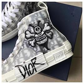 Christian Dior-DIOR Shawn Stussy Canvas Schrägbienen-Stickerei-Patch , b23 Hochgeschnittene Turnschuhe-Schwarz,Weiß,Mehrfarben,Grau