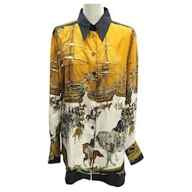 Hermès-Hermes MARINE ET CAVALERIE Camisa de mar y caballería-Negro,Blanco,Amarillo