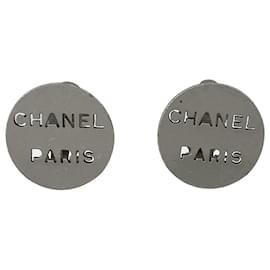 Chanel-*Chanel Silver Logo Round  Earrings-Silver hardware