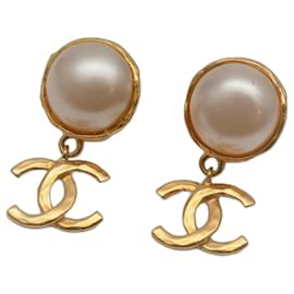 Chanel-*Chanel White Gold Vintage Coco Mark Pearl Earrings-Other,Gold hardware