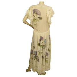 Roberto Cavalli-Roberto Cavalli  Floral print long silk dress l'herbier hyacinthus orientalis 42-White