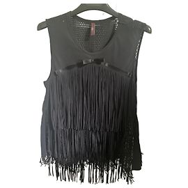 High Tunika aus schwarzem Nylon mit Spitzenfransen Schwarz