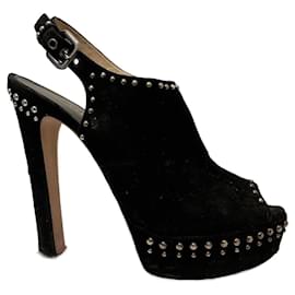 Prada-Prada high heeled studded vintage sandals from suede with silver studs-Black