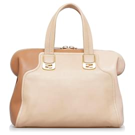 Fendi-Fendi Brown Colorblock Chameleon Satchel-Brown,Beige