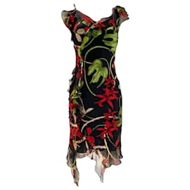 Christian Dior-a/H 2002 Asymmetric silk dress Christian Dior by John Galliano-Black,Red,Multiple colors,Green