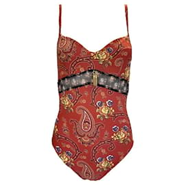 Christian Dior-Dior Russian Pesley Paisley Flowers Body Bikini-Badeanzug-Rot,Mehrfarben