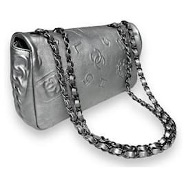 Chanel-Chanel Medium Lucky Charms Precious Symbols Embossed Silver Leather Classic Timeless Flap Bag Limited Edition-Silvery