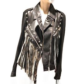 BDBA Black Leather Jacket with Gold Fringes Black