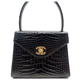 BOLSA VINTAGE CHANEL MINI ABAS COM FECHO INTEMPORAL EM COURO PRETO DE CROCODILO Preto