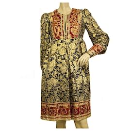 Anna Sui-Anna Sui goldrotes Ethno-Blumendruck-Seidenkleid mit langen Ärmeln und Knielänge 2-Mehrfarben