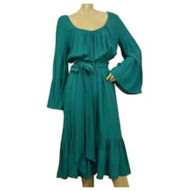Michael Kors-Michael Kors Blue Pleated Bell Sleeves Ruffle Boho Calf Length Silk dress size 6-Blue