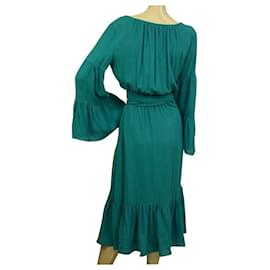 Michael Kors-Michael Kors Blue Pleated Bell Sleeves Ruffle Boho Calf Length Silk dress size 6-Blue