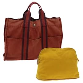 Hermès-HERMES Hand Bag Canvas Pouch 2Set Red Yellow Auth bs5034-Red,Yellow