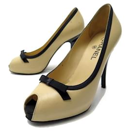 Chanel-CHANEL SHOES BOW G26375 Open toe pumps 38.5 BEIGE & BLACK SHOES-Other