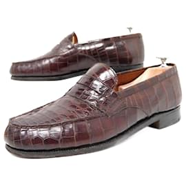 JM Weston-VINTAGE JM WESTON SHOES 180 7D 41 BROWN CROCODILE LEATHER LOAFER SHOES-Brown