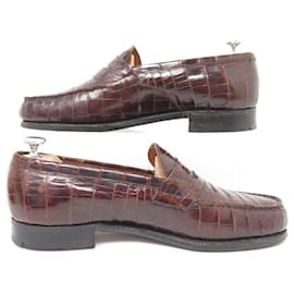 JM Weston-VINTAGE JM WESTON SHOES 180 7D 41 BROWN CROCODILE LEATHER LOAFER SHOES-Brown