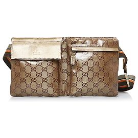 Gucci Brown GG Canvas Web Double Pocket Belt Bag Brown Golden