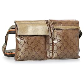 Gucci-Gucci Brown GG Canvas Web Double Pocket Belt Bag-Brown,Golden