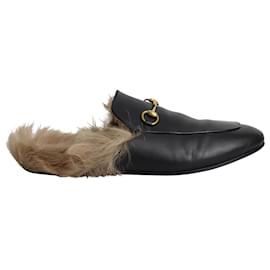 Gucci-Mules Gucci Princetown con Pelo en Cuero Negro-Negro