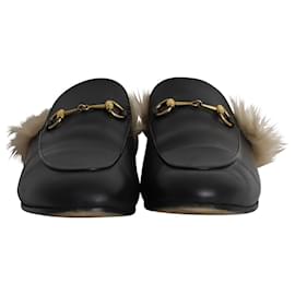 Gucci-Gucci Princetown Mules com pelo em couro preto-Preto