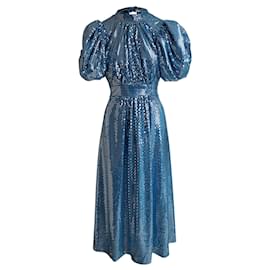 Autre Marque-Rotate Puffed Sleeve Midi Noon Dress in Metallic Blue Polyester-Blue