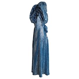 Autre Marque-Robe midi mi-longue à manches bouffantes Rotate en polyester bleu métallisé-Bleu