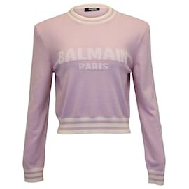 Balmain-Balmain Logo Cropped Jumper in Lavender Wool-Other