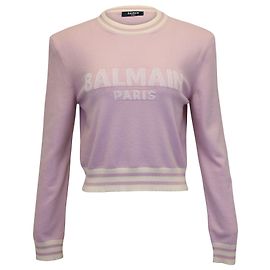 Kurzer Pullover mit Balmain-Logo aus lavendelfarbener Wolle Andere Lila