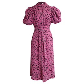 Autre Marque-Rotate Puffed Sleeve Midi Noon Dress in Pink Floral Printed Viscose-Pink